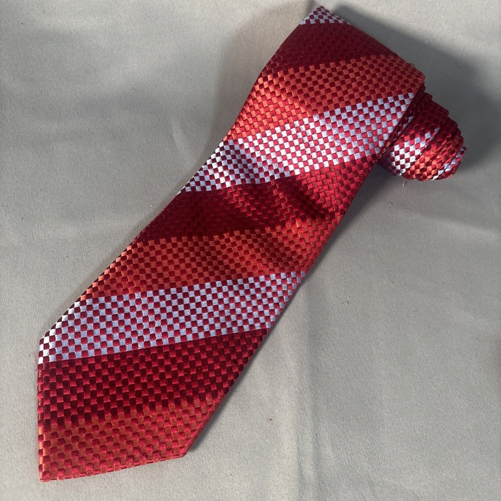 Villa Bolgheri Italy Mens Silk Tie Red Orange Silver Geometric Checkered Stripe